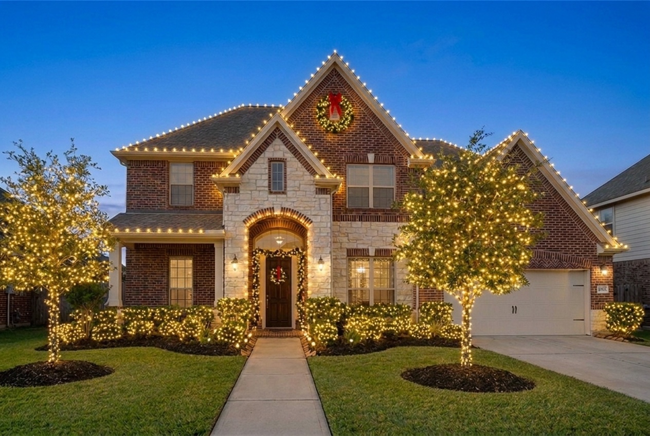 A two-story home fully decorated with warm-white Christmas lighting: the roofline, ridges, wrapped trees, bushes, a peak wreath, door garland, the arch, and the walkway all lit